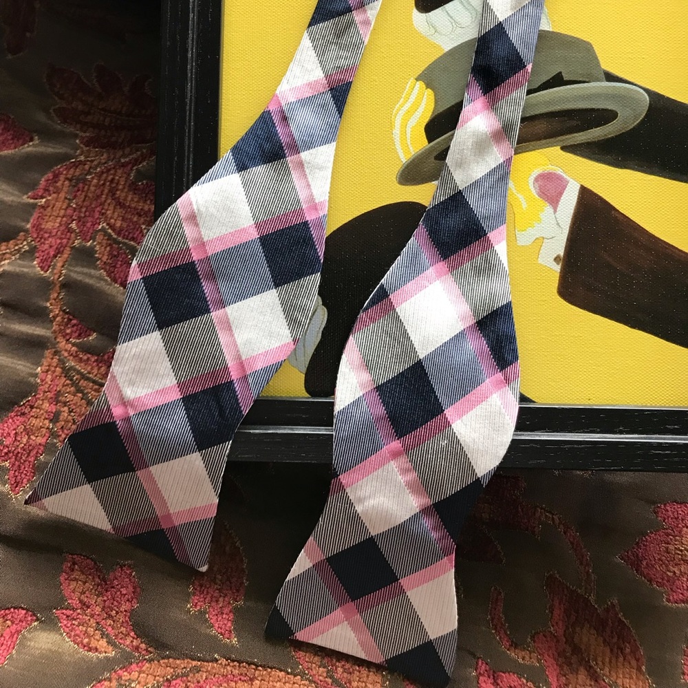 Bow tie self tie black pink plaid